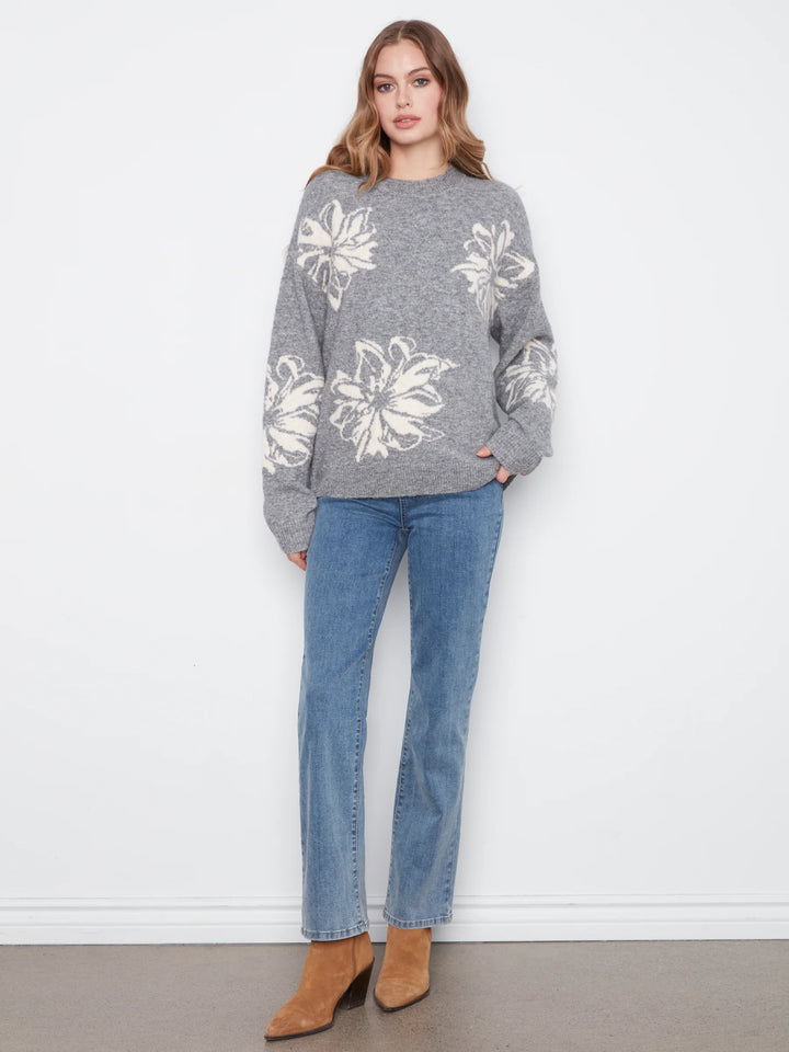 Long Sleeve Drop Shoulder Crew Neck Placed Jacquard Sweater