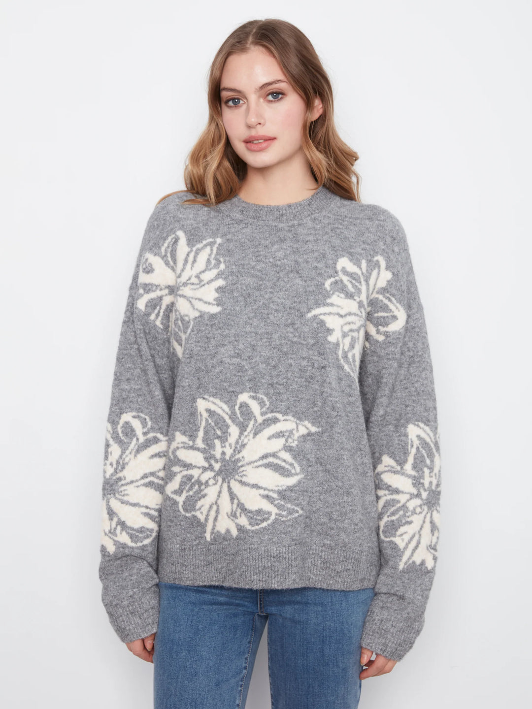 Long Sleeve Drop Shoulder Crew Neck Placed Jacquard Sweater