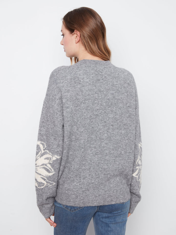 Long Sleeve Drop Shoulder Crew Neck Placed Jacquard Sweater
