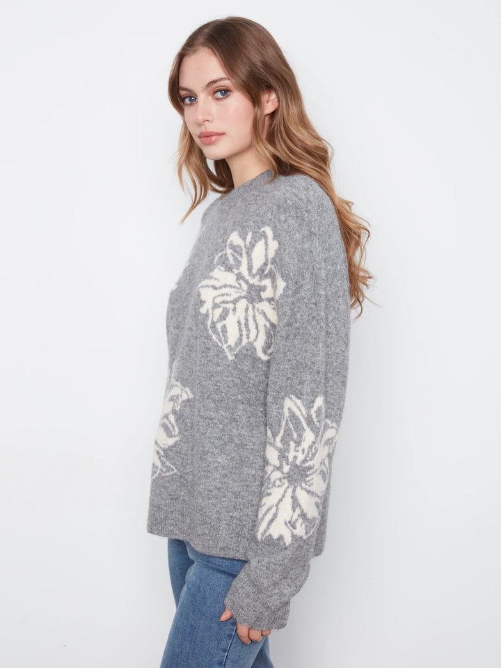 Long Sleeve Drop Shoulder Crew Neck Placed Jacquard Sweater