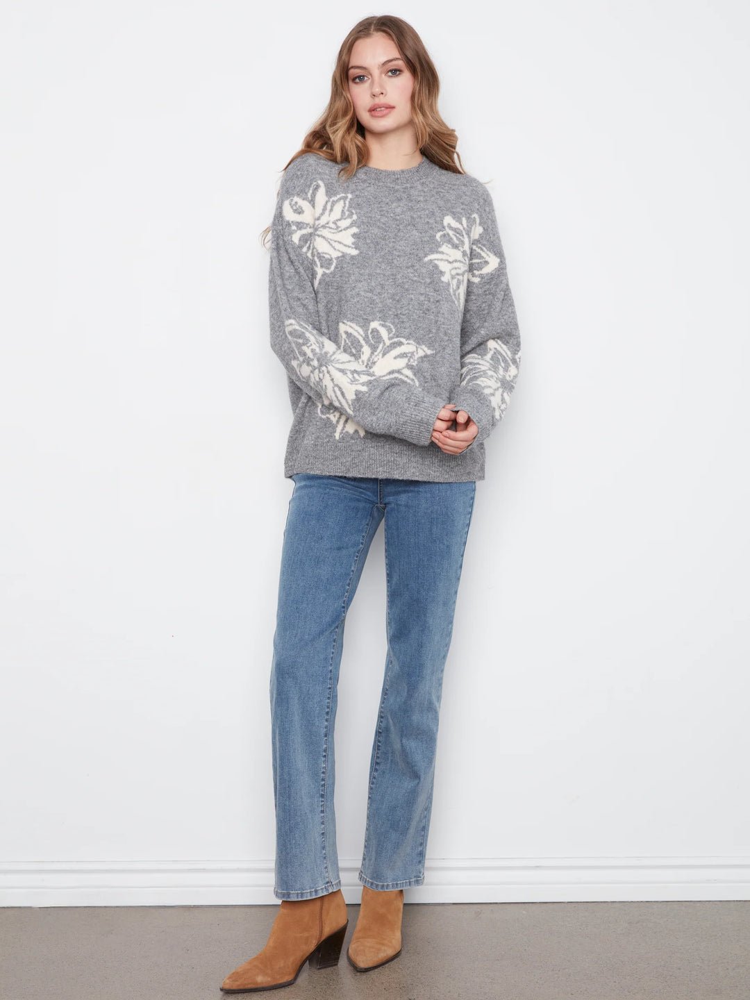 Long Sleeve Drop Shoulder Crew Neck Placed Jacquard Sweater