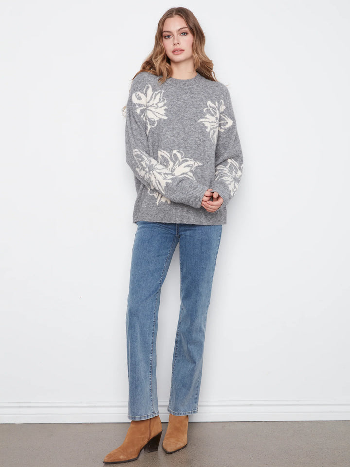 Long Sleeve Drop Shoulder Crew Neck Placed Jacquard Sweater