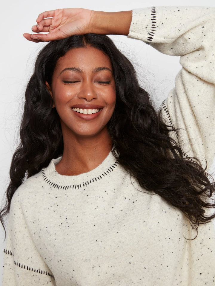 Long Sleeve Drop Shoulder Crew Neck Sweater With Whipstitch Detail