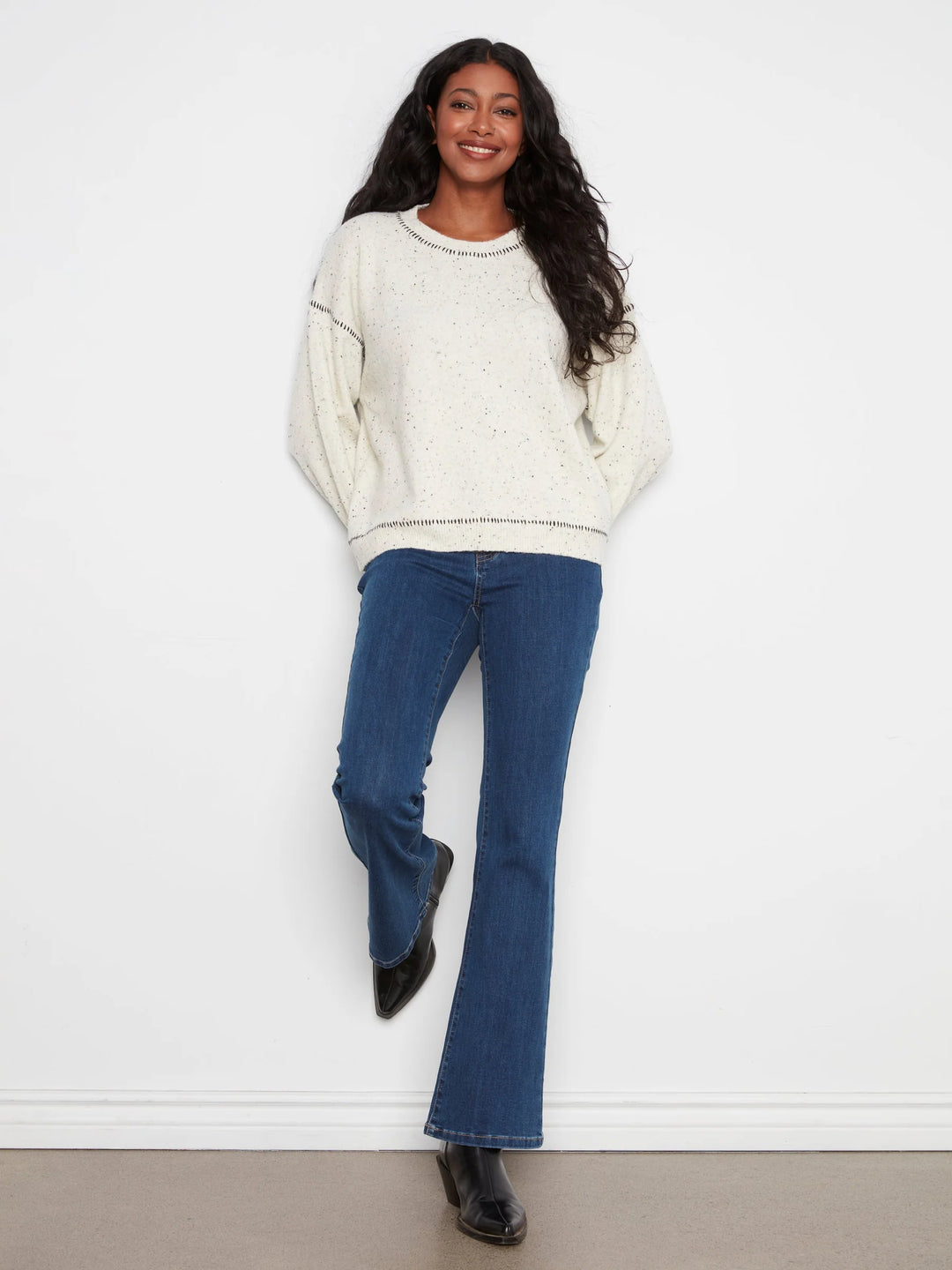 Long Sleeve Drop Shoulder Crew Neck Sweater With Whipstitch Detail