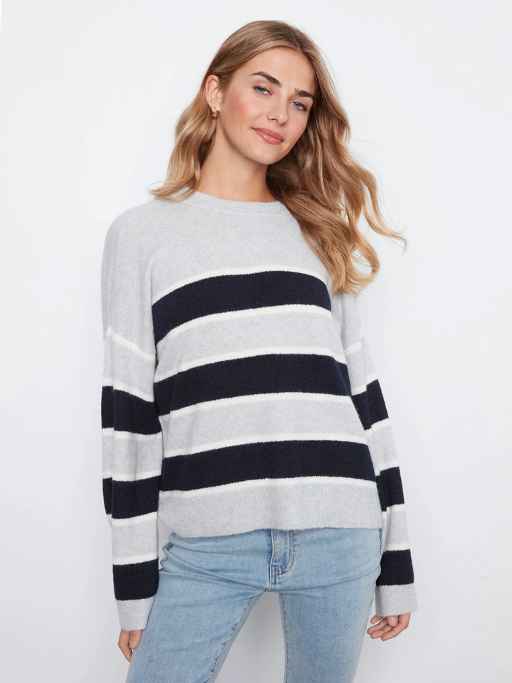 Long Sleeve Drop Shoulder Crew Neck Yarn Dyed Striped Sweater