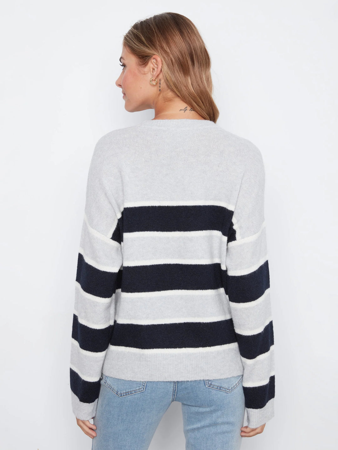 Long Sleeve Drop Shoulder Crew Neck Yarn Dyed Striped Sweater