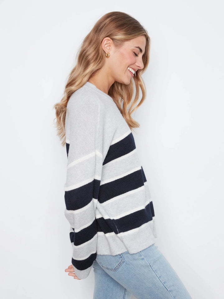 Long Sleeve Drop Shoulder Crew Neck Yarn Dyed Striped Sweater