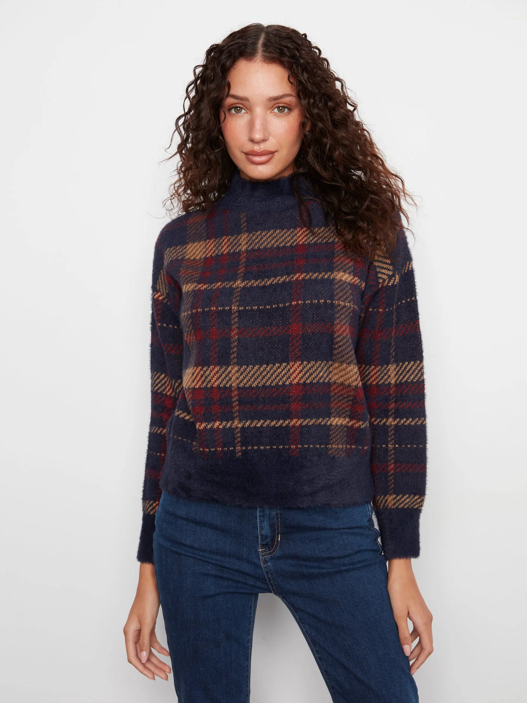 Long Sleeve Drop Shoulder Mock Neck Jacquard Plaid Sweater