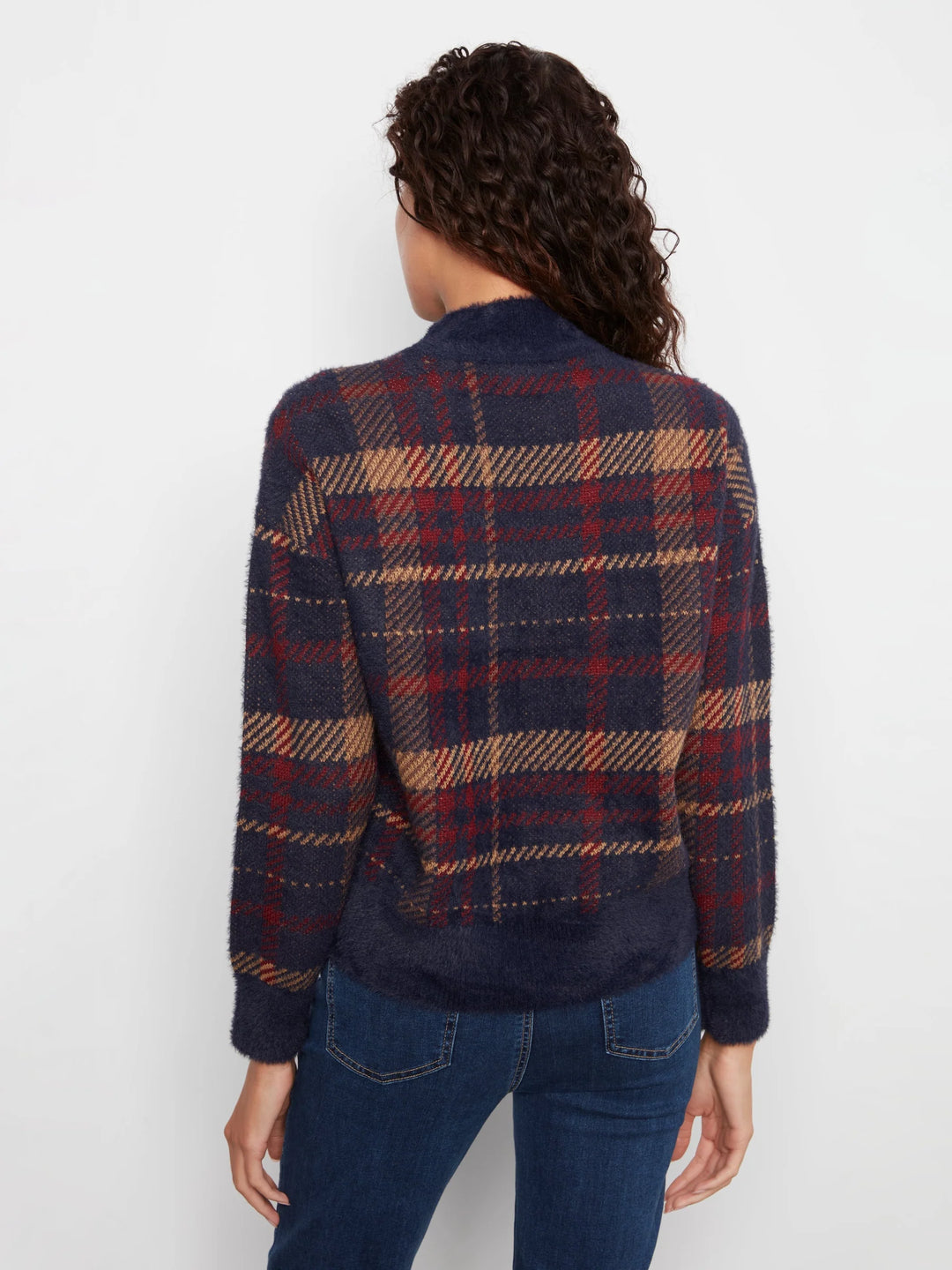 Long Sleeve Drop Shoulder Mock Neck Jacquard Plaid Sweater