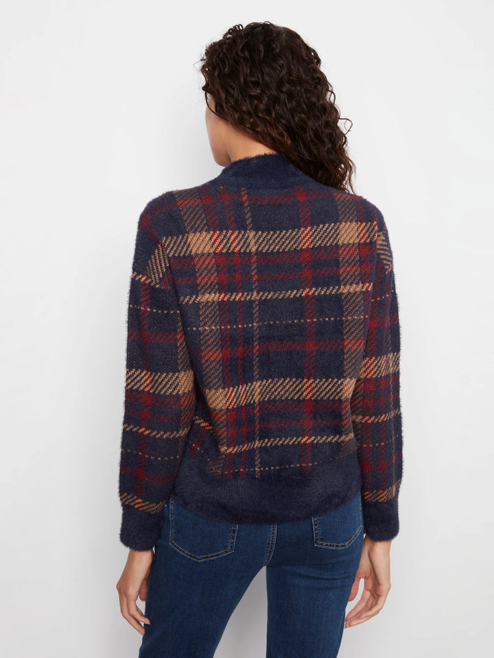 Long Sleeve Drop Shoulder Mock Neck Jacquard Plaid Sweater