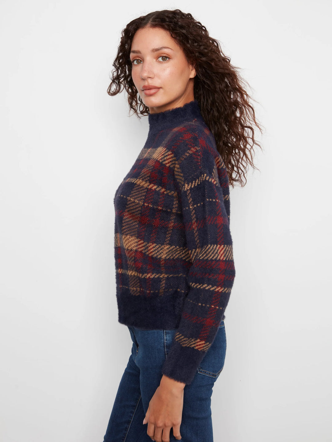 Long Sleeve Drop Shoulder Mock Neck Jacquard Plaid Sweater