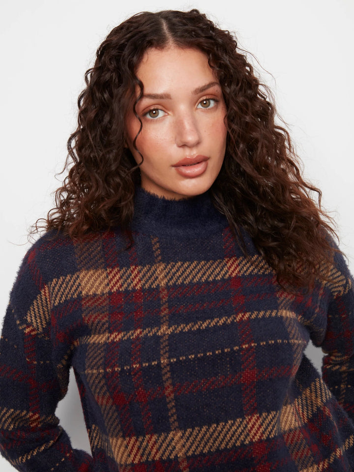 Long Sleeve Drop Shoulder Mock Neck Jacquard Plaid Sweater