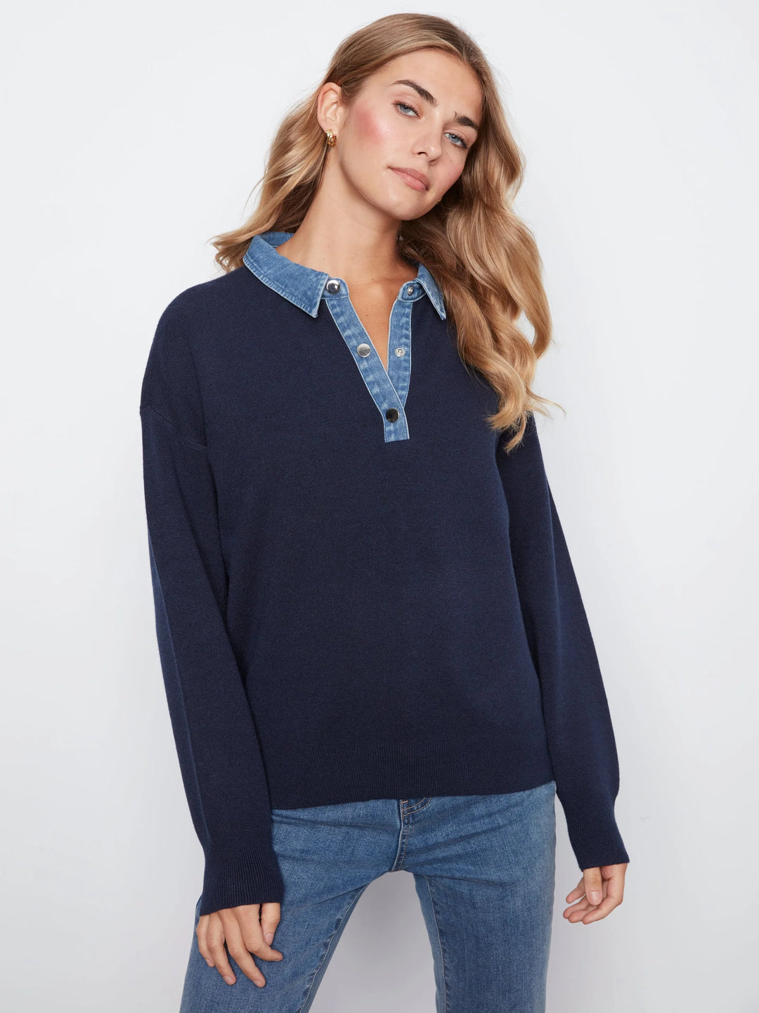 Long Sleeve Drop Shoulder Polo Sweater With Denim Shirt Collar