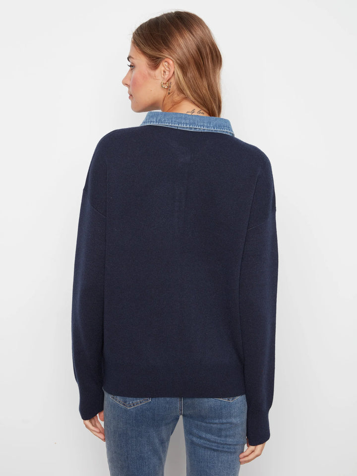 Long Sleeve Drop Shoulder Polo Sweater With Denim Shirt Collar