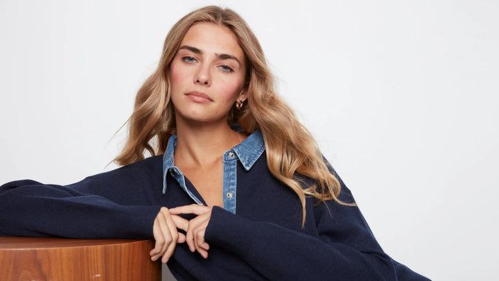 Long Sleeve Drop Shoulder Polo Sweater With Denim Shirt Collar