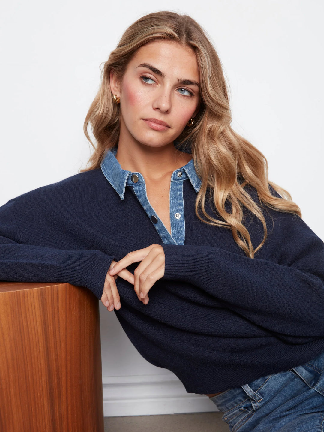 Long Sleeve Drop Shoulder Polo Sweater With Denim Shirt Collar