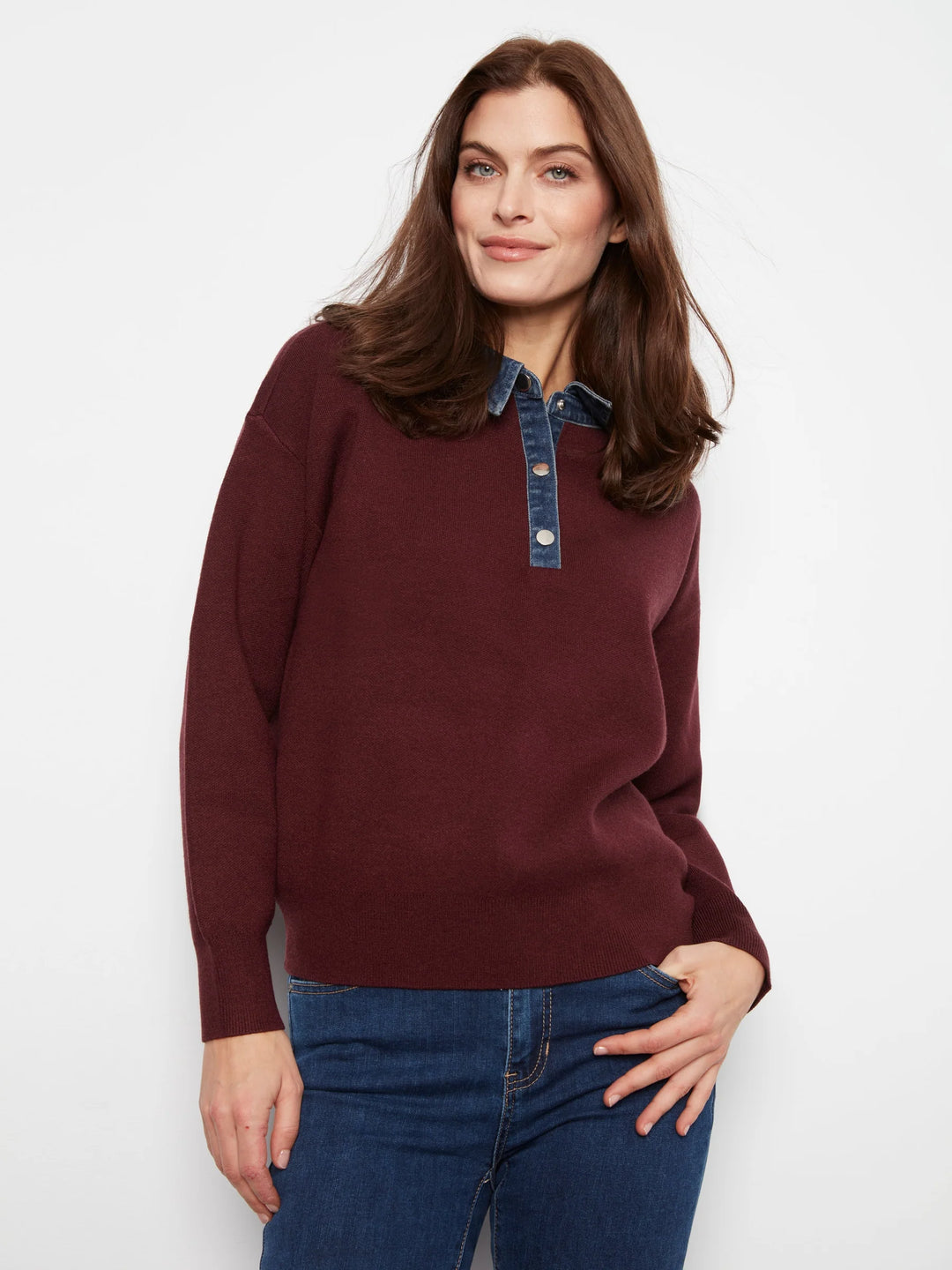 Long Sleeve Drop Shoulder Polo Sweater With Denim Shirt Collar And Placket
