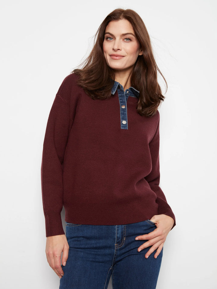 Long Sleeve Drop Shoulder Polo Sweater With Denim Shirt Collar And Placket
