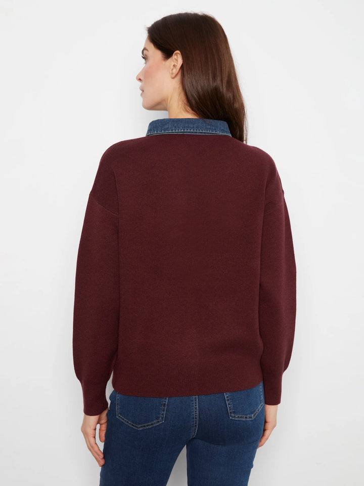 Long Sleeve Drop Shoulder Polo Sweater With Denim Shirt Collar And Placket