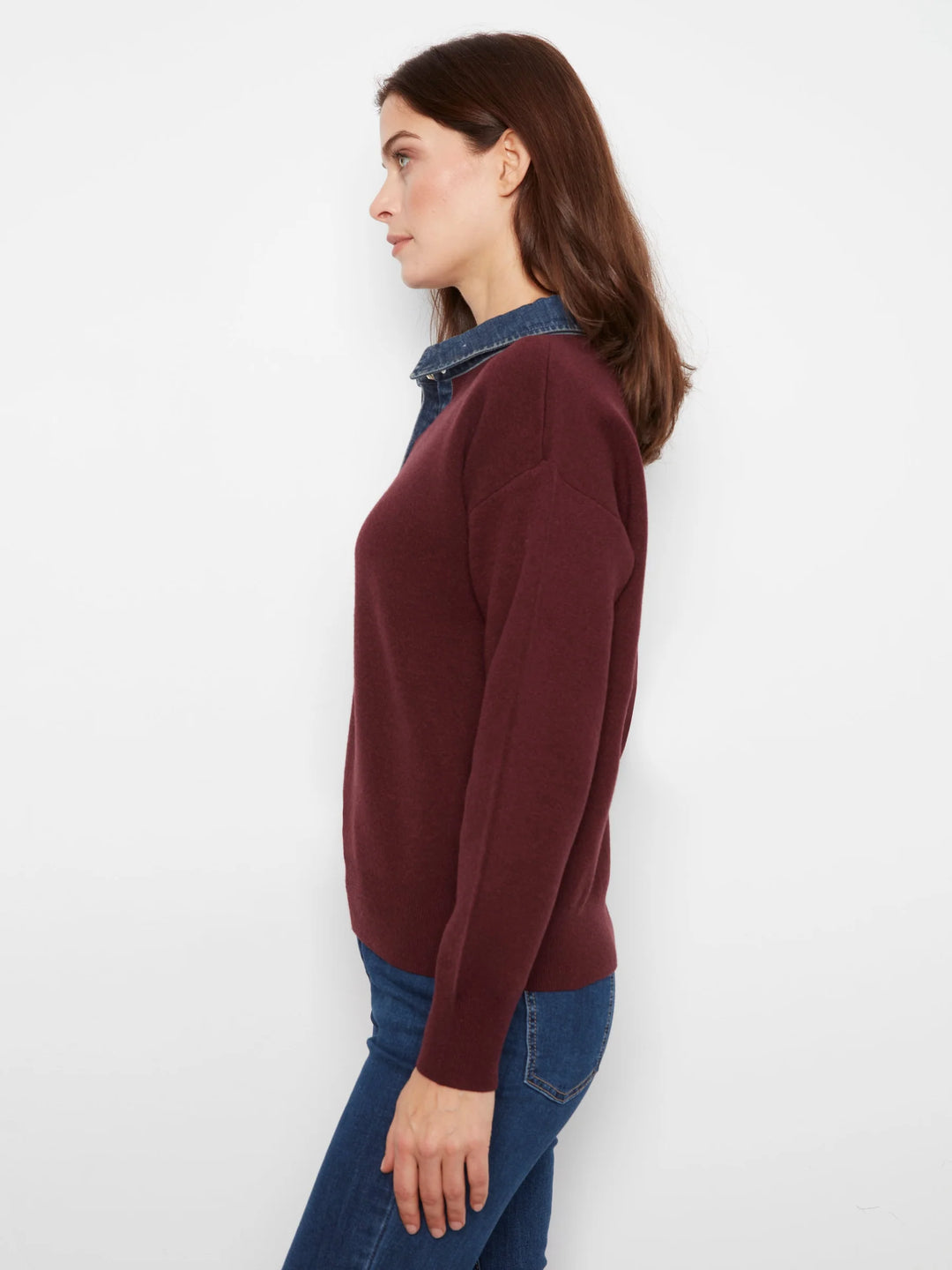 Long Sleeve Drop Shoulder Polo Sweater With Denim Shirt Collar And Placket
