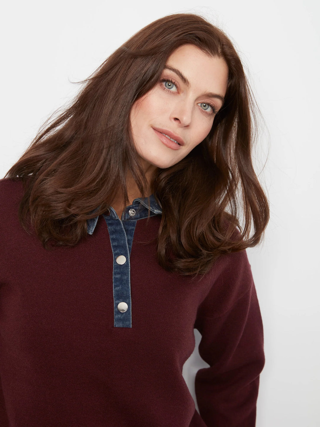 Long Sleeve Drop Shoulder Polo Sweater With Denim Shirt Collar And Placket