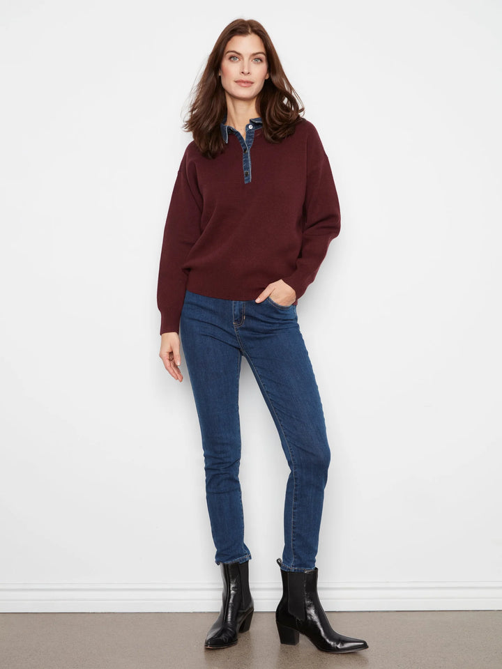 Long Sleeve Drop Shoulder Polo Sweater With Denim Shirt Collar And Placket