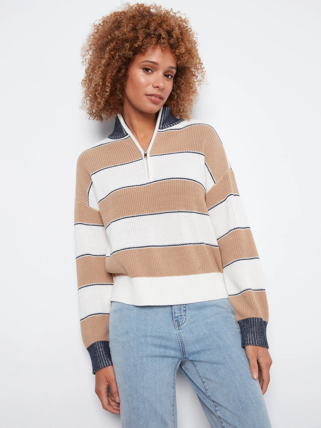 Long Sleeve Drop Shoulder Zipped Mock Neck Striped Sweater