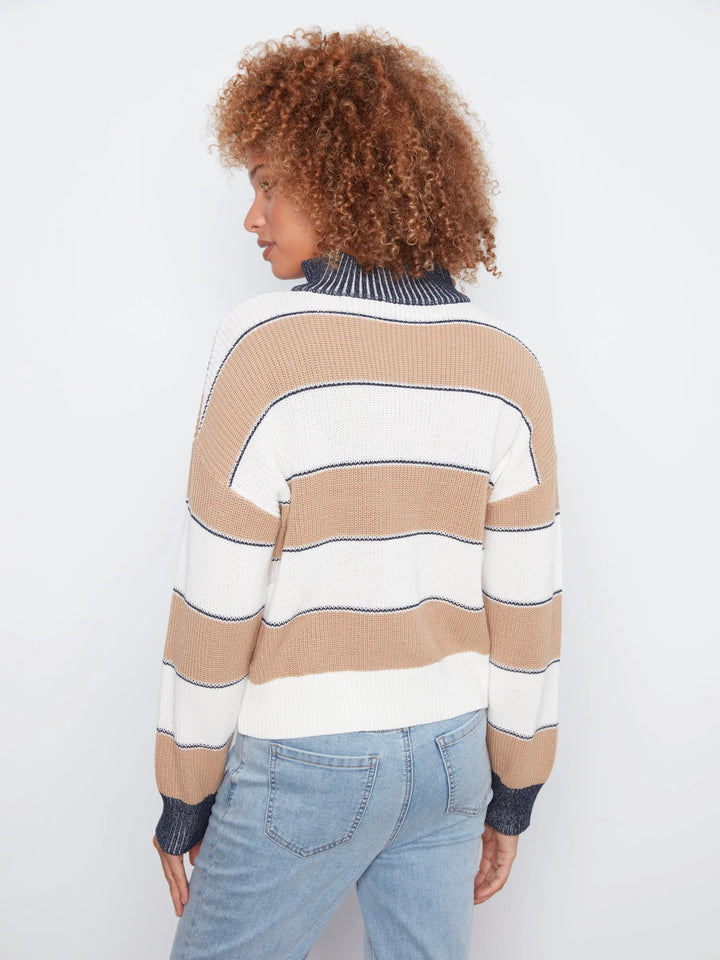 Long Sleeve Drop Shoulder Zipped Mock Neck Striped Sweater