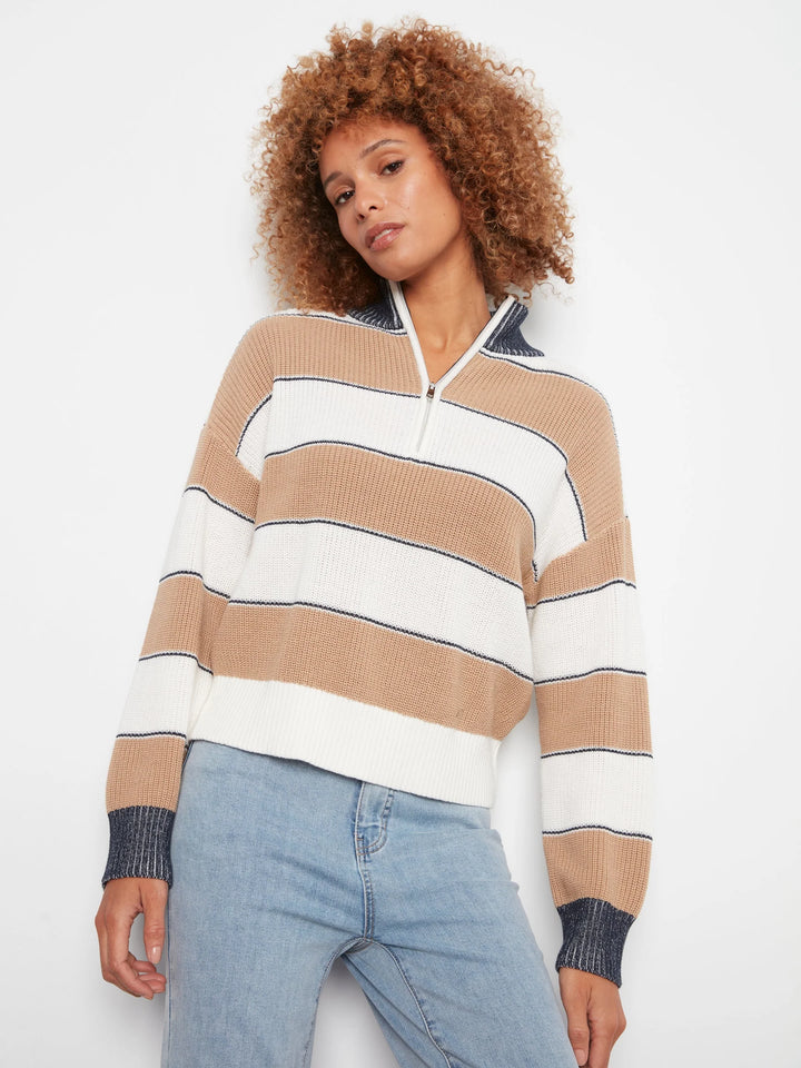Long Sleeve Drop Shoulder Zipped Mock Neck Striped Sweater