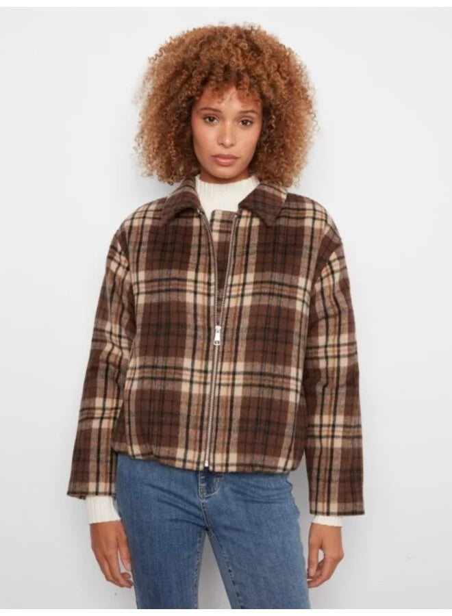 Long Sleeve Front Zip High Collar Cardigan In Plaid Sweater Jacquard - Coffee