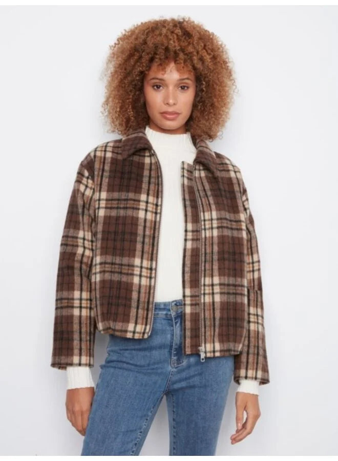 Long Sleeve Front Zip High Collar Cardigan In Plaid Sweater Jacquard - Coffee