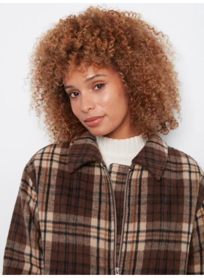 Long Sleeve Front Zip High Collar Cardigan In Plaid Sweater Jacquard - Coffee