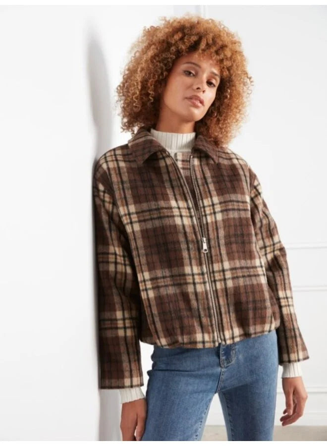 Long Sleeve Front Zip High Collar Cardigan In Plaid Sweater Jacquard - Coffee