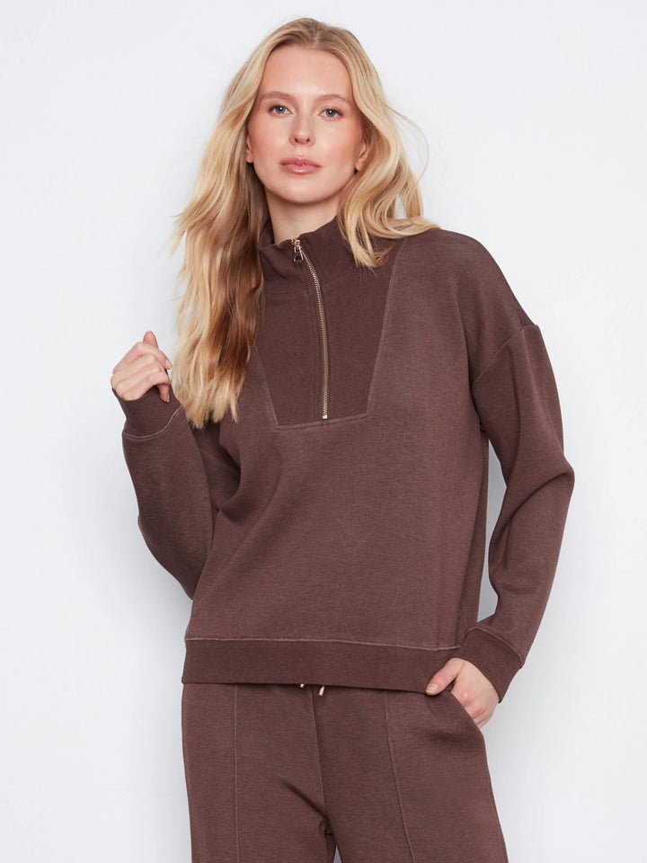 Long Sleeve Half-Zip High Collar Sweatshirt in Espresso