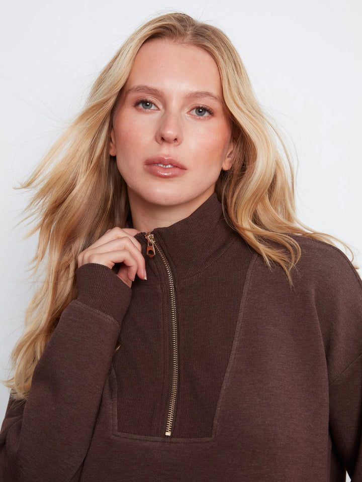 Long Sleeve Half-Zip High Collar Sweatshirt in Espresso
