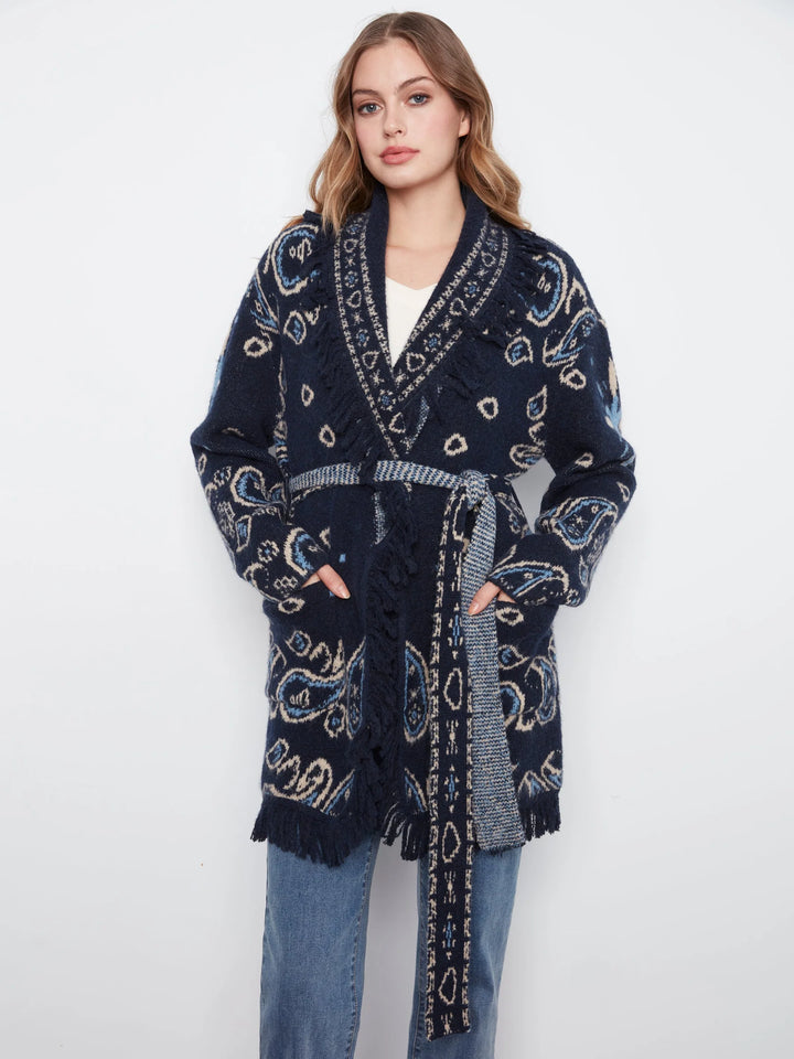 Long Sleeve Jacquard Sweater Cardigan With Self Belt &amp; Pocket