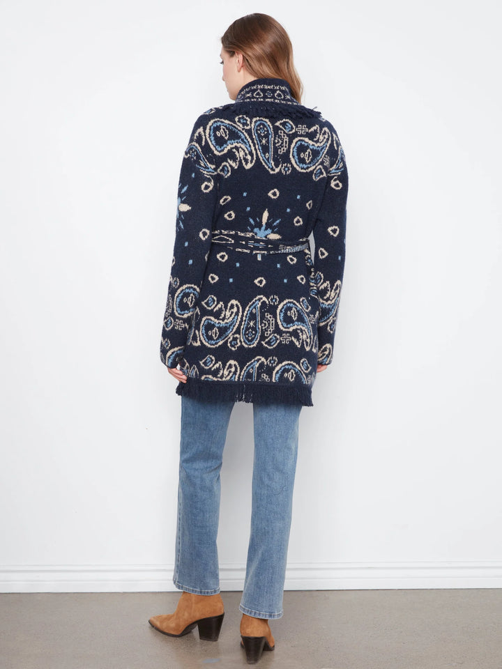 Long Sleeve Jacquard Sweater Cardigan With Self Belt &amp; Pocket