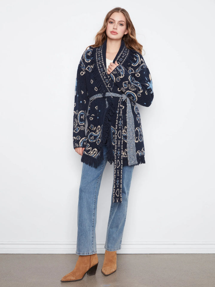 Long Sleeve Jacquard Sweater Cardigan With Self Belt &amp; Pocket