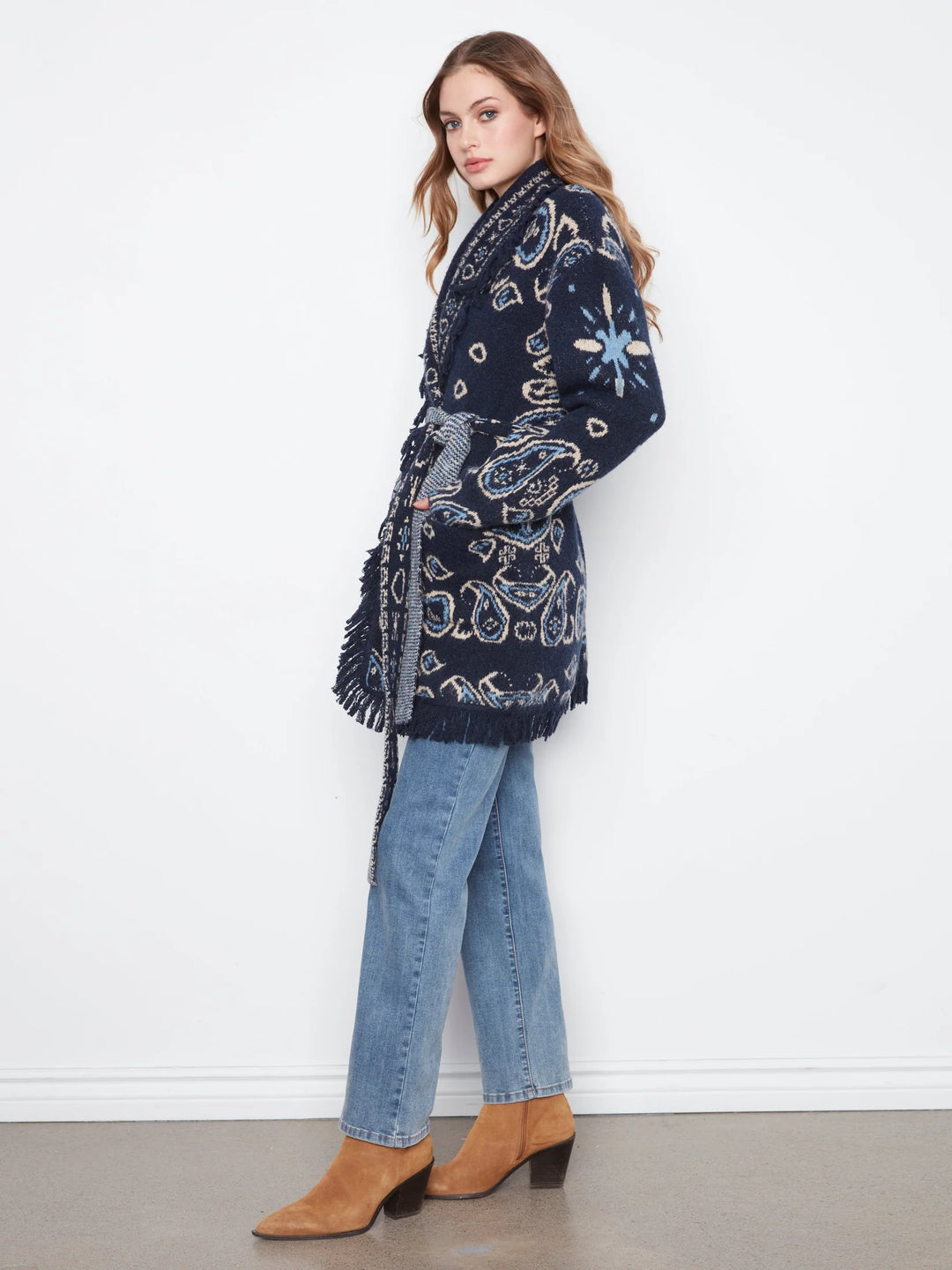 Long Sleeve Jacquard Sweater Cardigan With Self Belt &amp; Pocket
