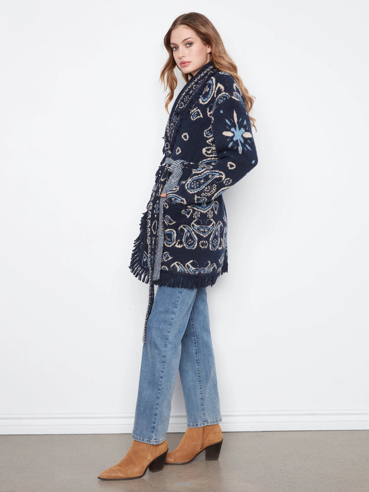 Long Sleeve Jacquard Sweater Cardigan With Self Belt &amp; Pocket