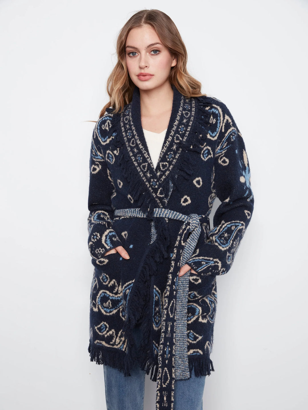Long Sleeve Jacquard Sweater Cardigan With Self Belt &amp; Pocket