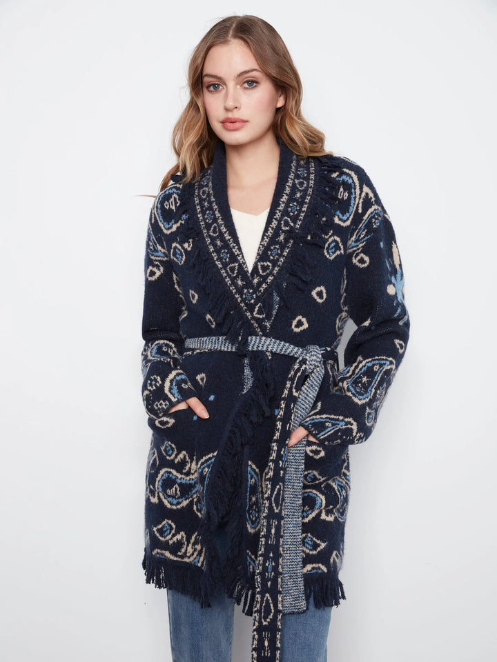 Long Sleeve Jacquard Sweater Cardigan With Self Belt &amp; Pocket