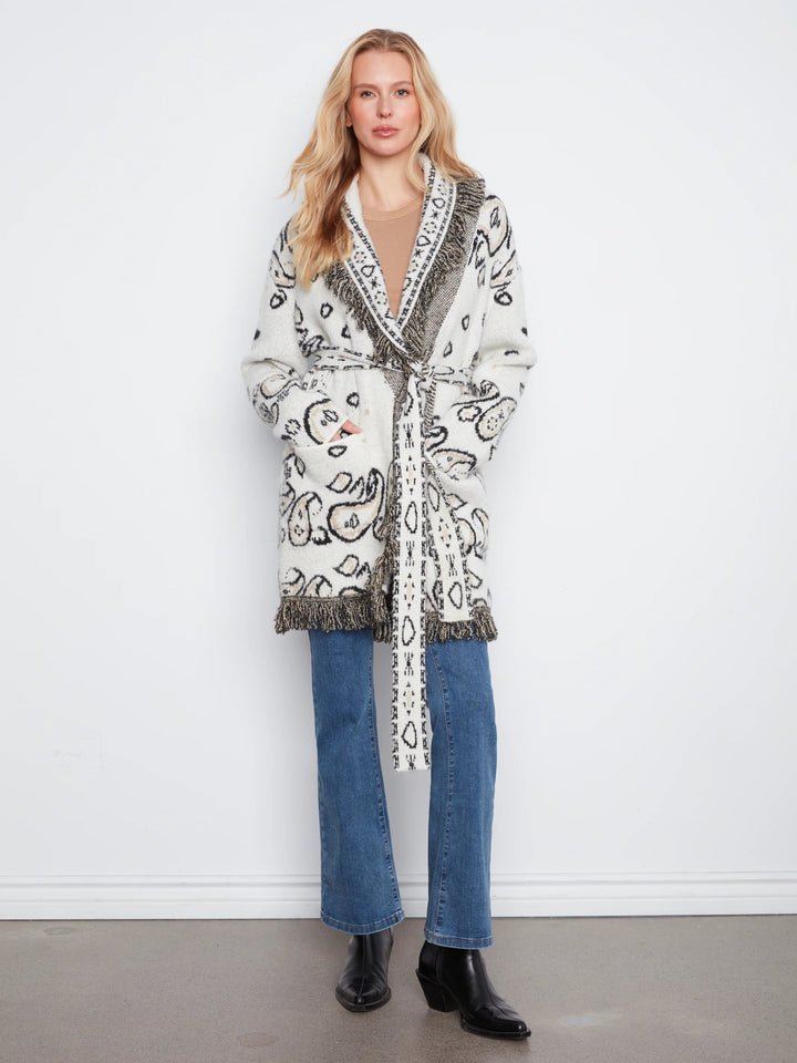 Long Sleeve Jacquard Sweater Cardigan With Self Belt &amp; Pockets - Ecru