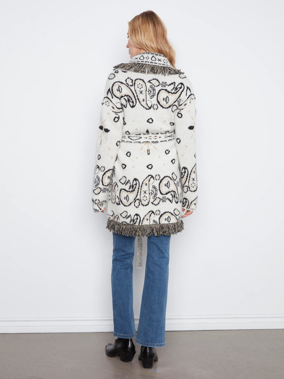 Long Sleeve Jacquard Sweater Cardigan With Self Belt &amp; Pockets - Ecru