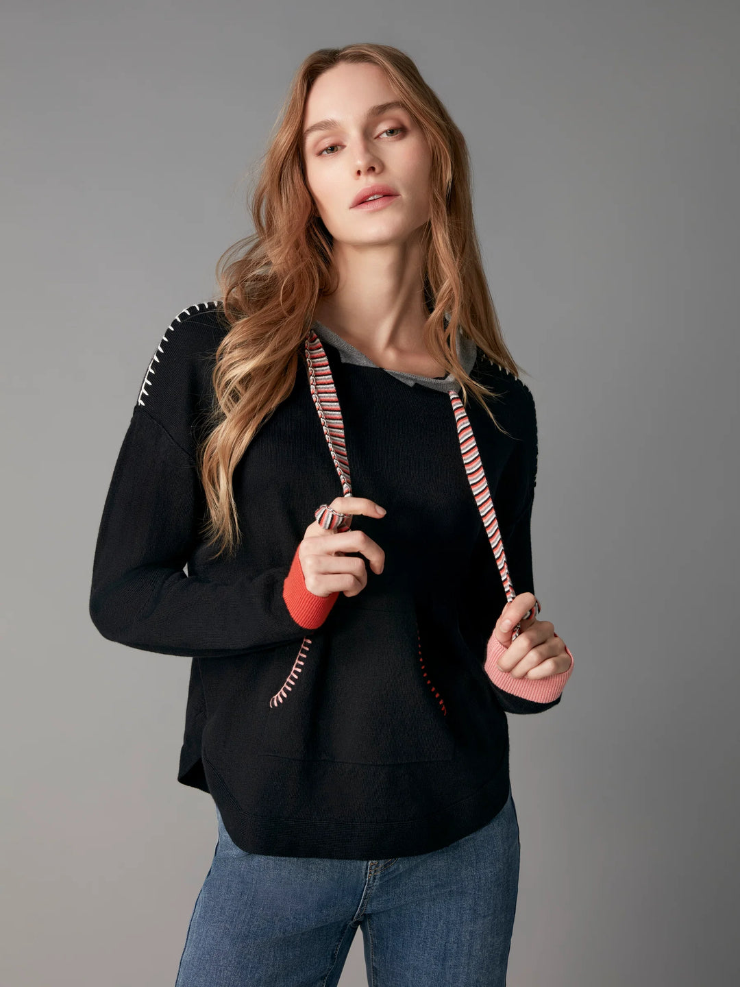 Long Sleeve Round Hem Hooded Sweater with Contrast Detail And Cuffs