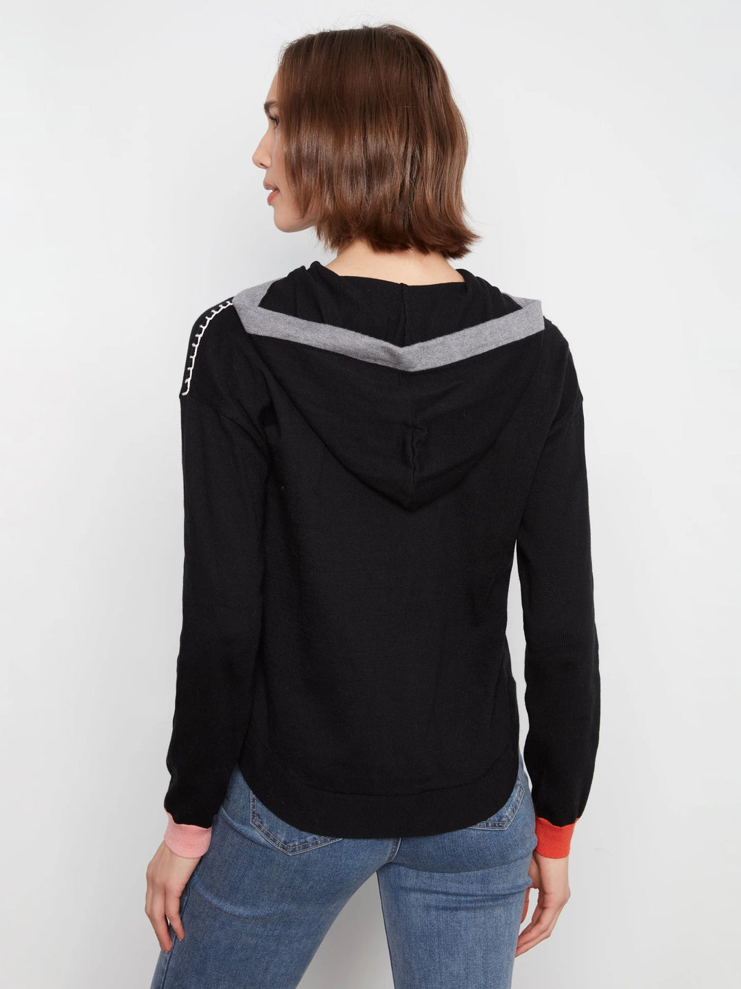 Long Sleeve Round Hem Hooded Sweater with Contrast Detail And Cuffs