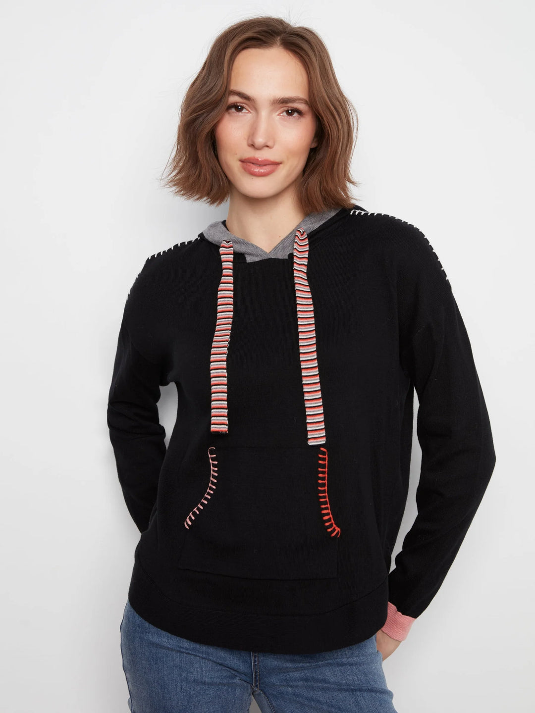 Long Sleeve Round Hem Hooded Sweater with Contrast Detail And Cuffs