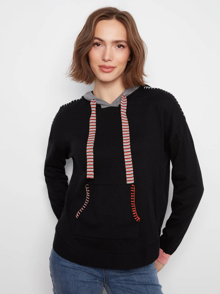 Long Sleeve Round Hem Hooded Sweater with Contrast Detail And Cuffs