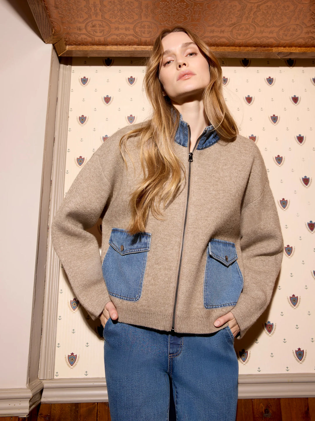 Long Sleeve Zipped Sweater Jacket With Denim Pockets &amp; Collar