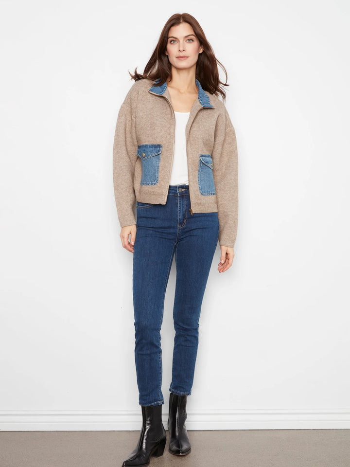 Long Sleeve Zipped Sweater Jacket With Denim Pockets &amp; Collar